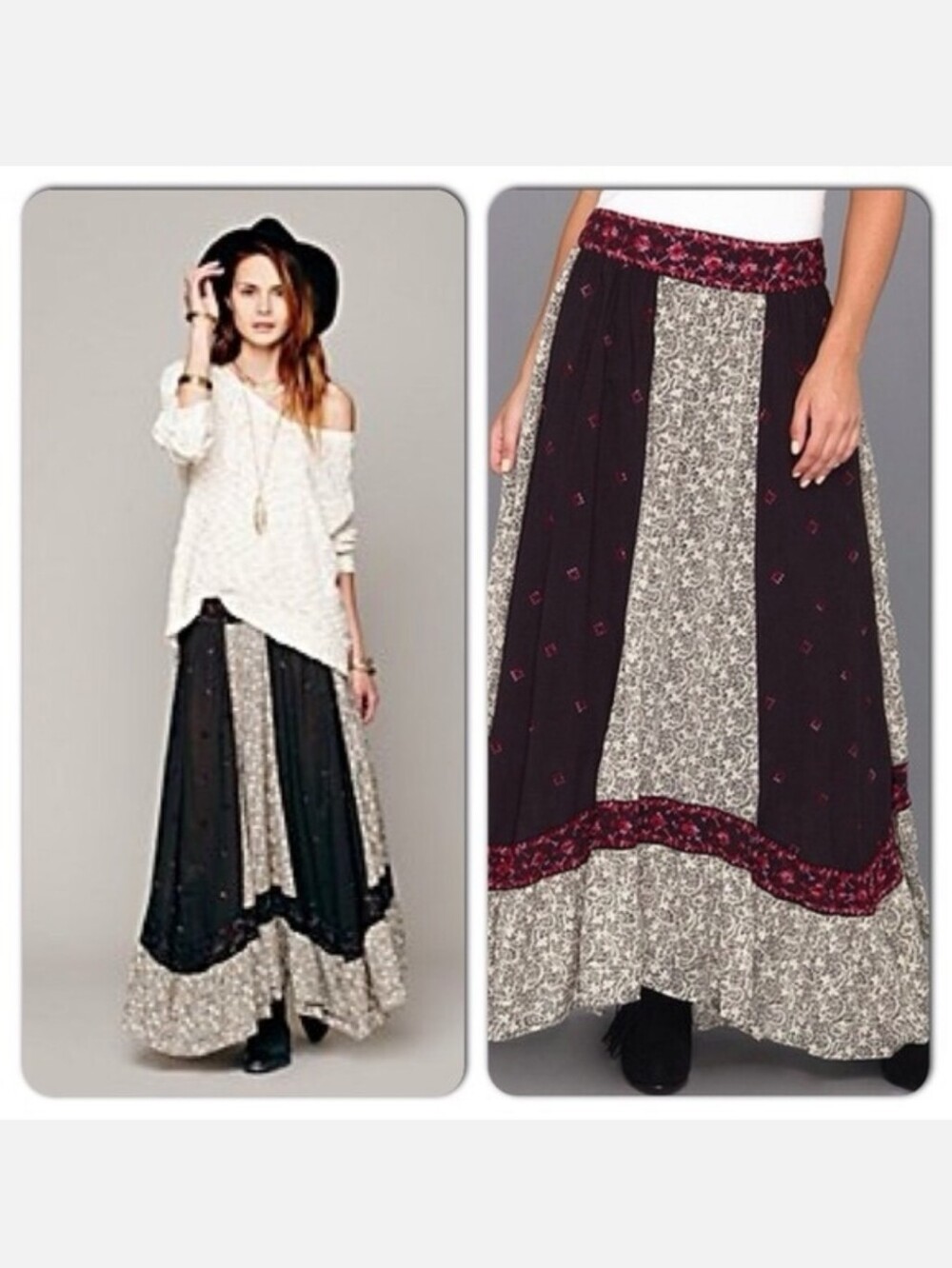 Free People Black and Cream Patchwork Sz S Maxi Skirt with Burgundy Accents